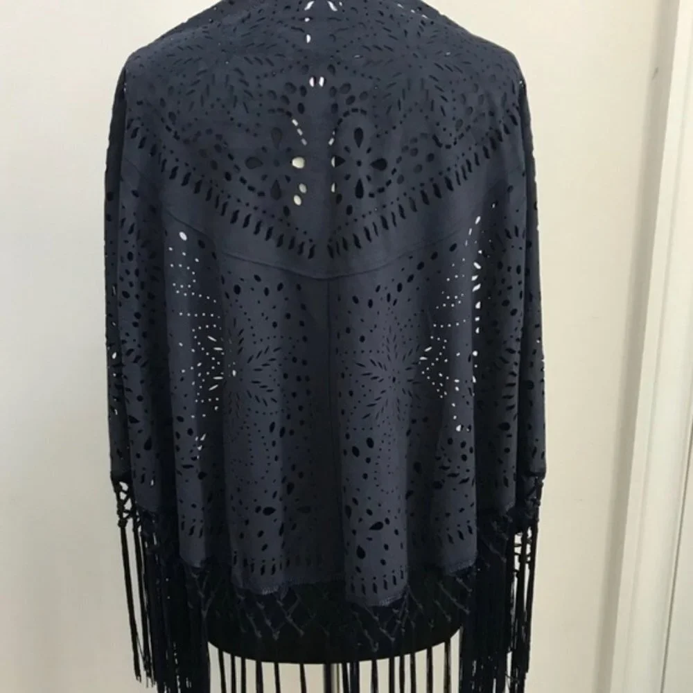 Muche et Muchette Navy Laser Cut Fringe Faux Suede Shawl NWT